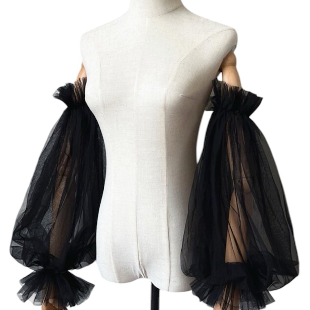 Bubble Puff Sleeves Above Elbow Polyester Black Tulle